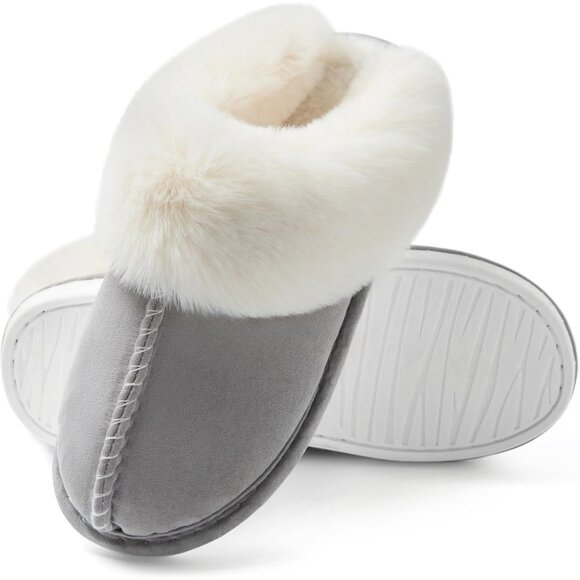Women's Light Gray Memory Foam Winter Warm Fluffy Cozy Slip On Slippers Shoes - Picture 3 of 7